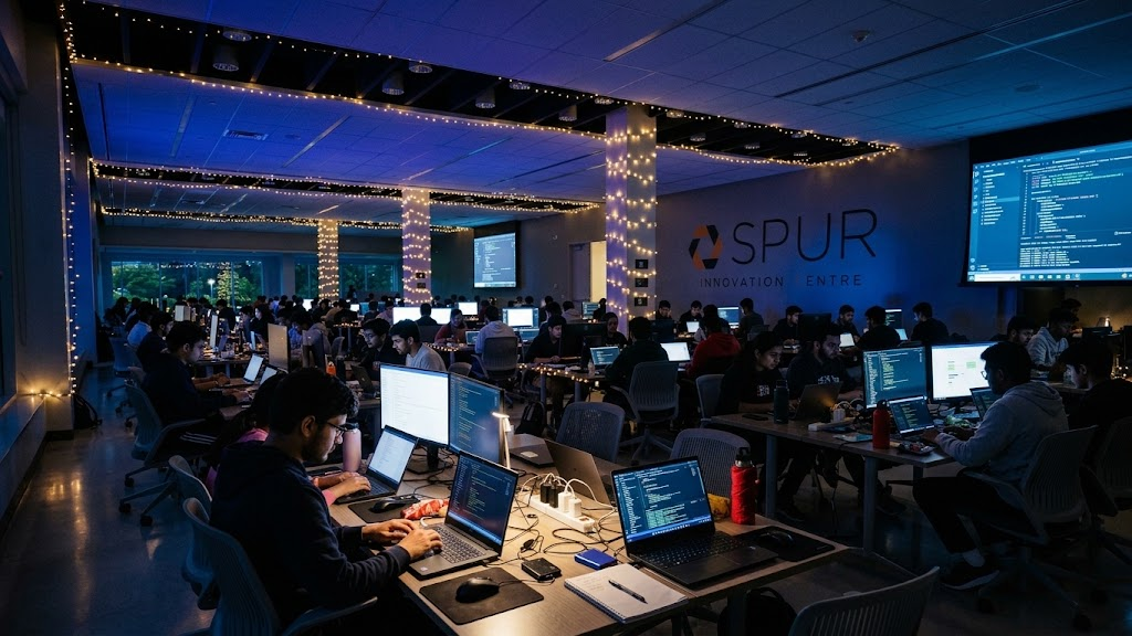 The main conference room at the Spur Innovation Center during a night-time coding event